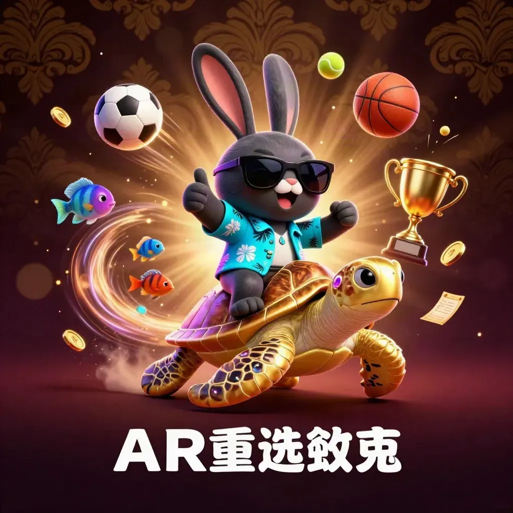 Cartoon lucky rabbit rides a golden gem turtle with sports balls, coins, trophy, and neon casino lighting.