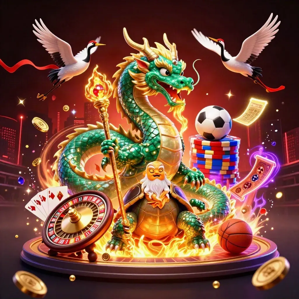 Dragon, turtle sage and cranes amid casino gear, coins, cards and neon red-black energy.