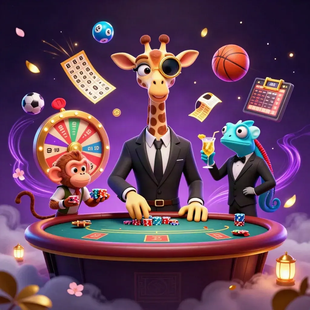 Giraffe, monkey valet, and chameleon bartender in a neon casino scene with floating game props.
