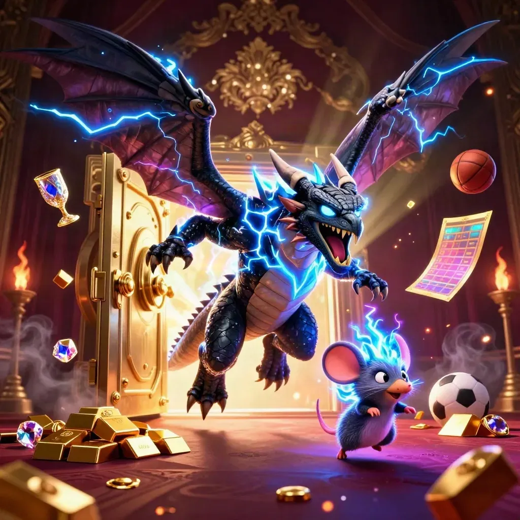 Thunder dragon, glowing hawk, and static mouse burst from a vault with gold and gems.