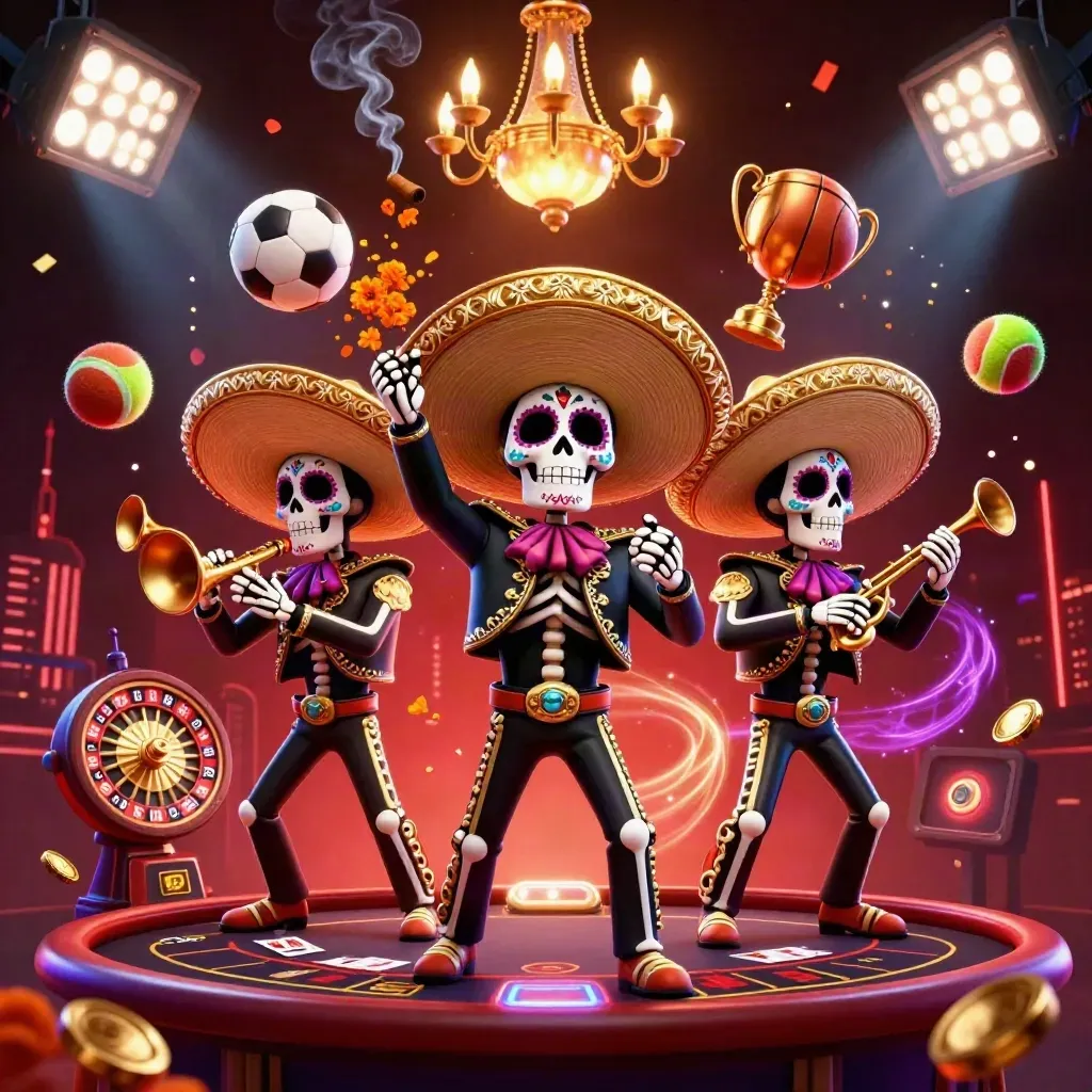 Skeleton mariachi trio in a neon casino with roulette, coins, and flying sports balls.