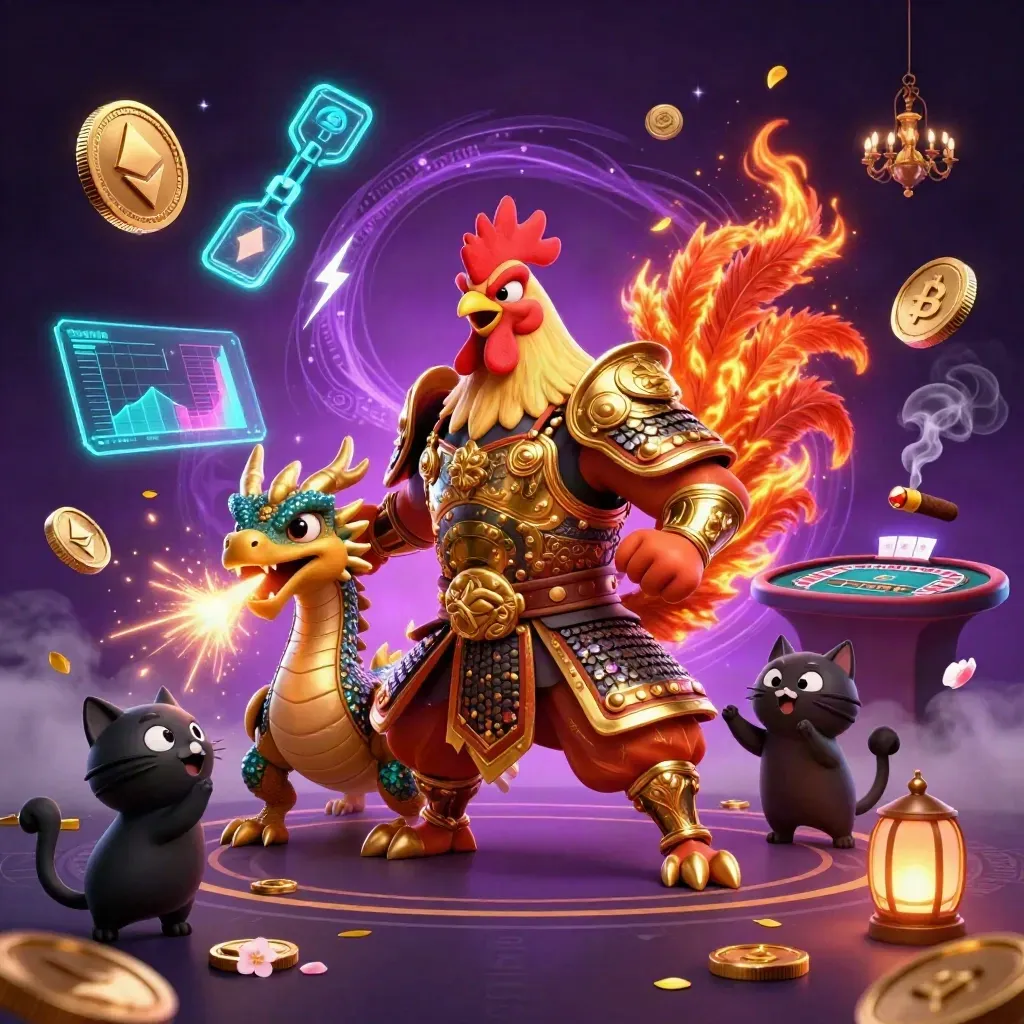 Rooster samurai, spark-breathing hatchling and cheering fortune cat in a neon casino scene.