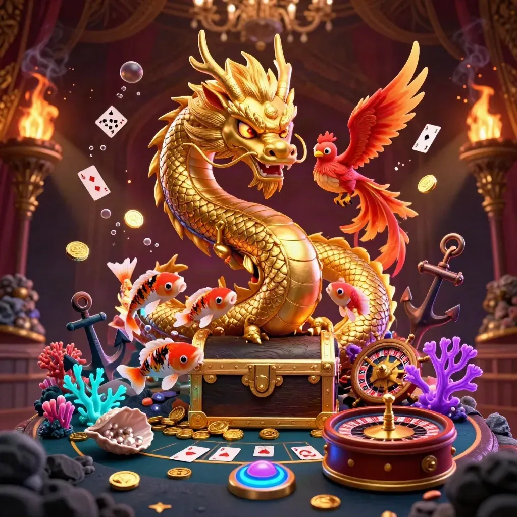 Dragon, phoenix, koi, treasure chest, coins, and casino relics in a dark luxe neon scene.