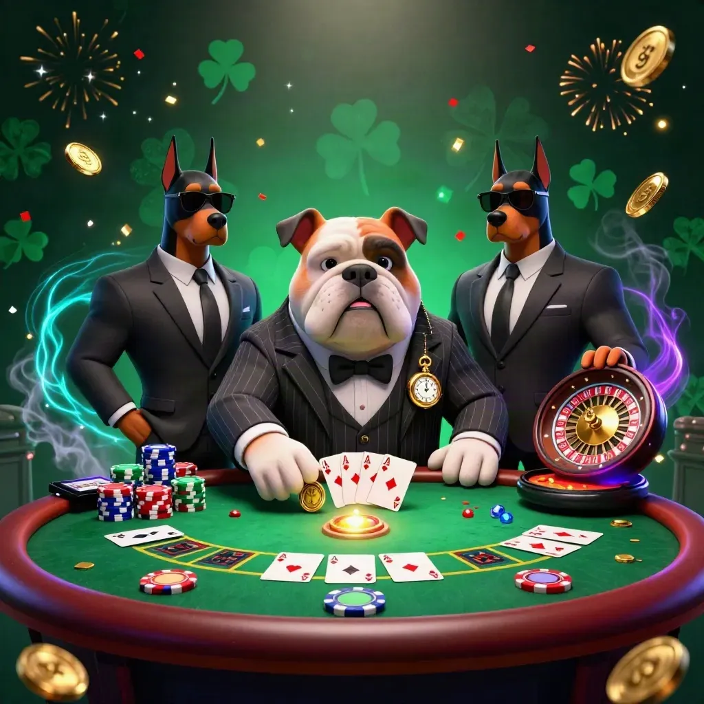 Bulldog boss with two Doberman guards over a glowing casino table, chips, aces, and confetti