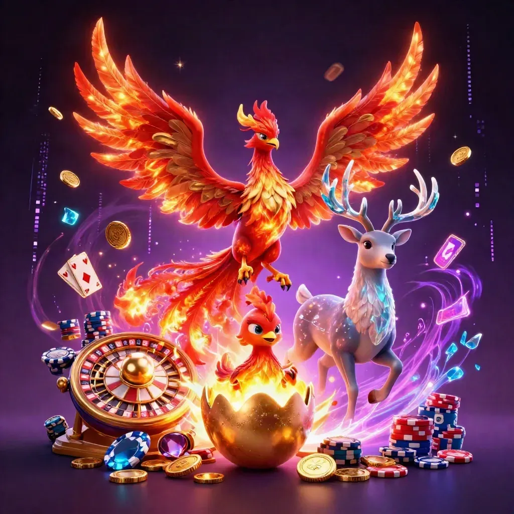 Fire phoenix, baby phoenix, and crystal stag erupting with casino treasure and neon energy