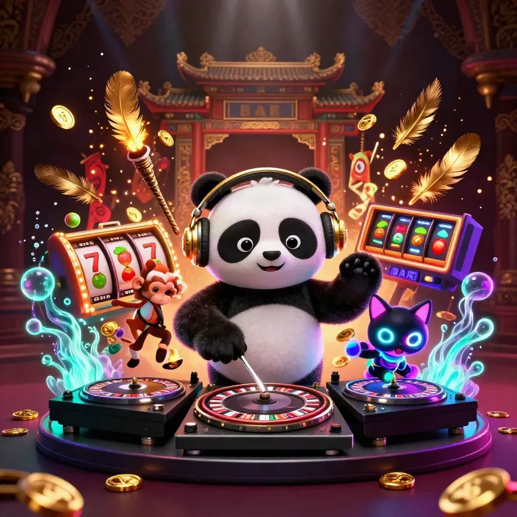 DJ panda, spinning monkey, and glow-kitten amid casino treasure, cyan-violet light, temple gate