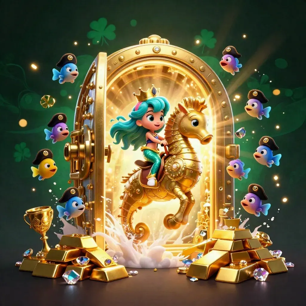 Mermaid princess on a gold-armored seahorse amid treasure, gems, and electric cyan casino glow.