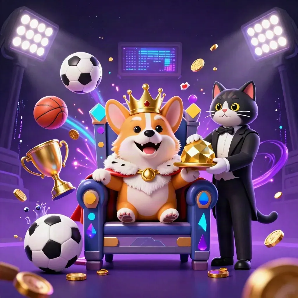 Royal corgi and cat butler on a chip throne amid cyan casino chaos and flying sports balls