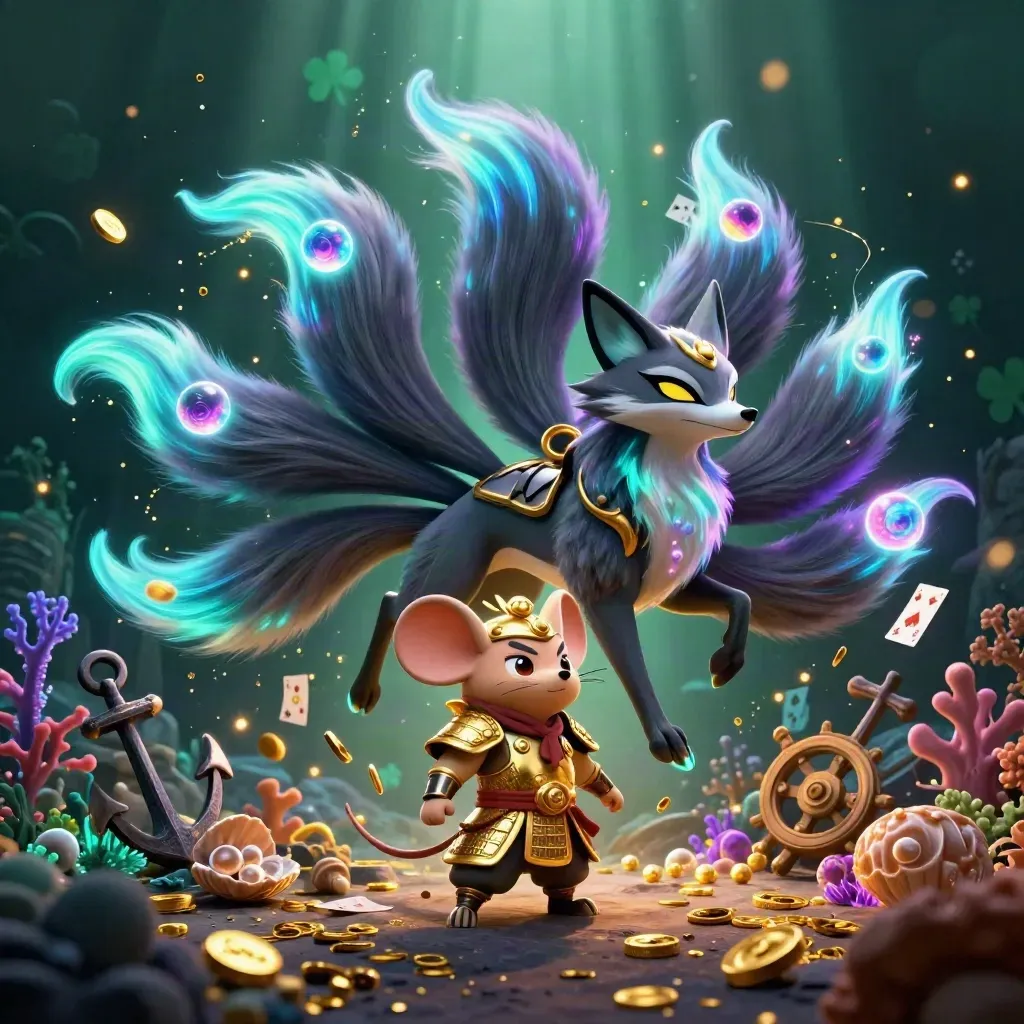 Neon fox spirit and golden samurai mouse in a treasure cove with coins, coral, and glowing orbs.