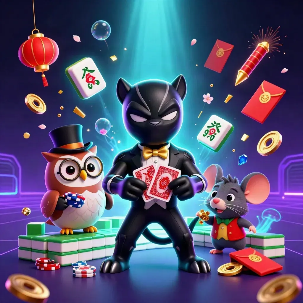 Black panther, owl and mouse amid cyan-lit chips, lanterns, mahjong tiles and gem bursts.
