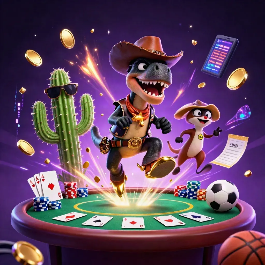 Cowboy T-Rex, cactus sidekick, and sheriff roadrunner amid casino chaos and neon energy