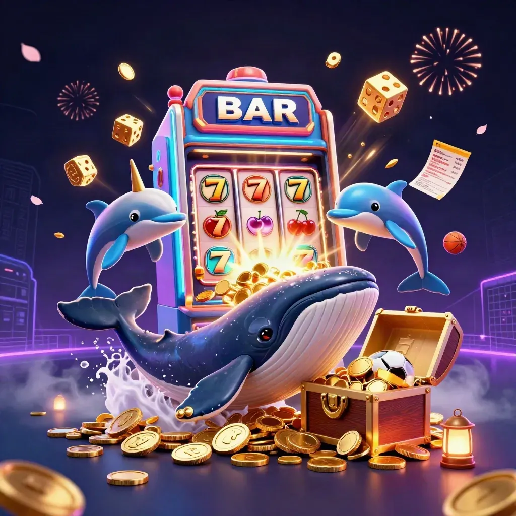 Cartoon whale captain, narwhal, and dolphins burst through coins beside a slot machine and glowing treasures.