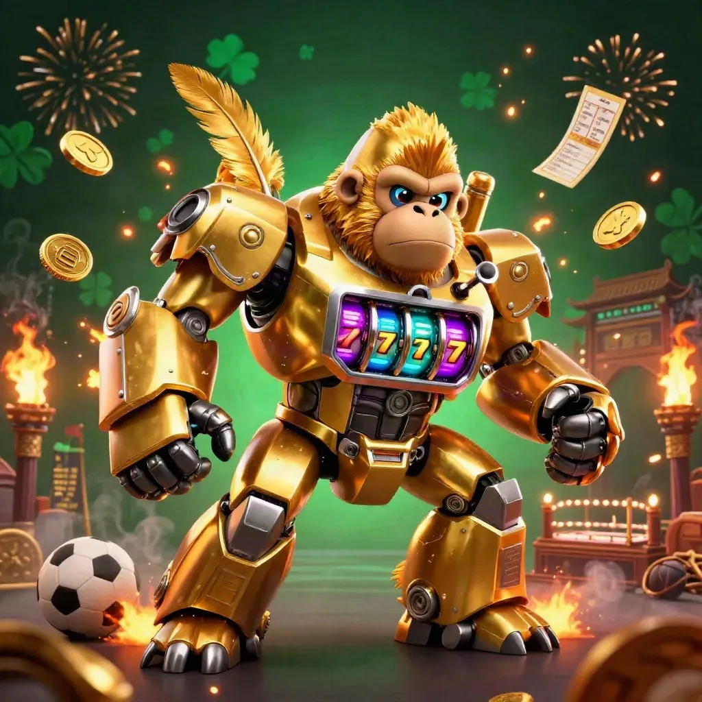 Golden gorilla mech, tiny pilot, coins, temple gate, ring, fireworks, sports props, neon casino glow