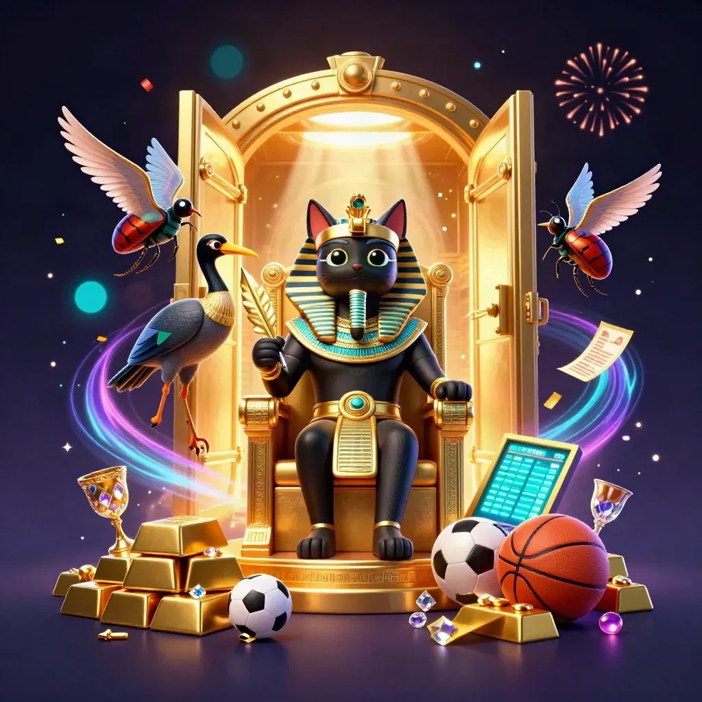Pharaoh cat, ibis scribe and gem-wing scarabs amid vault gold, fireworks and casino sports icons.