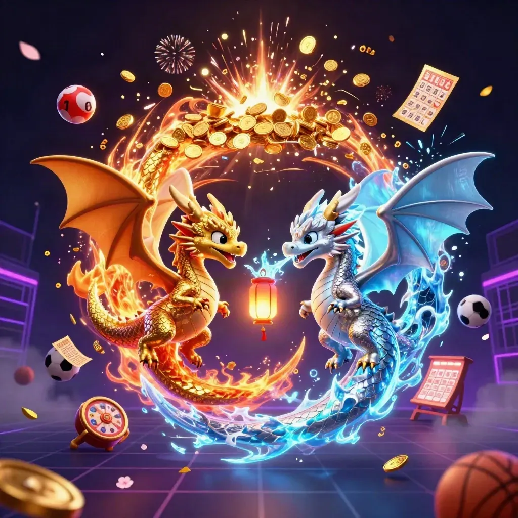 Two dragons spiral amid treasure, coins, lottery balls, and fireworks on a dark neon esports background.