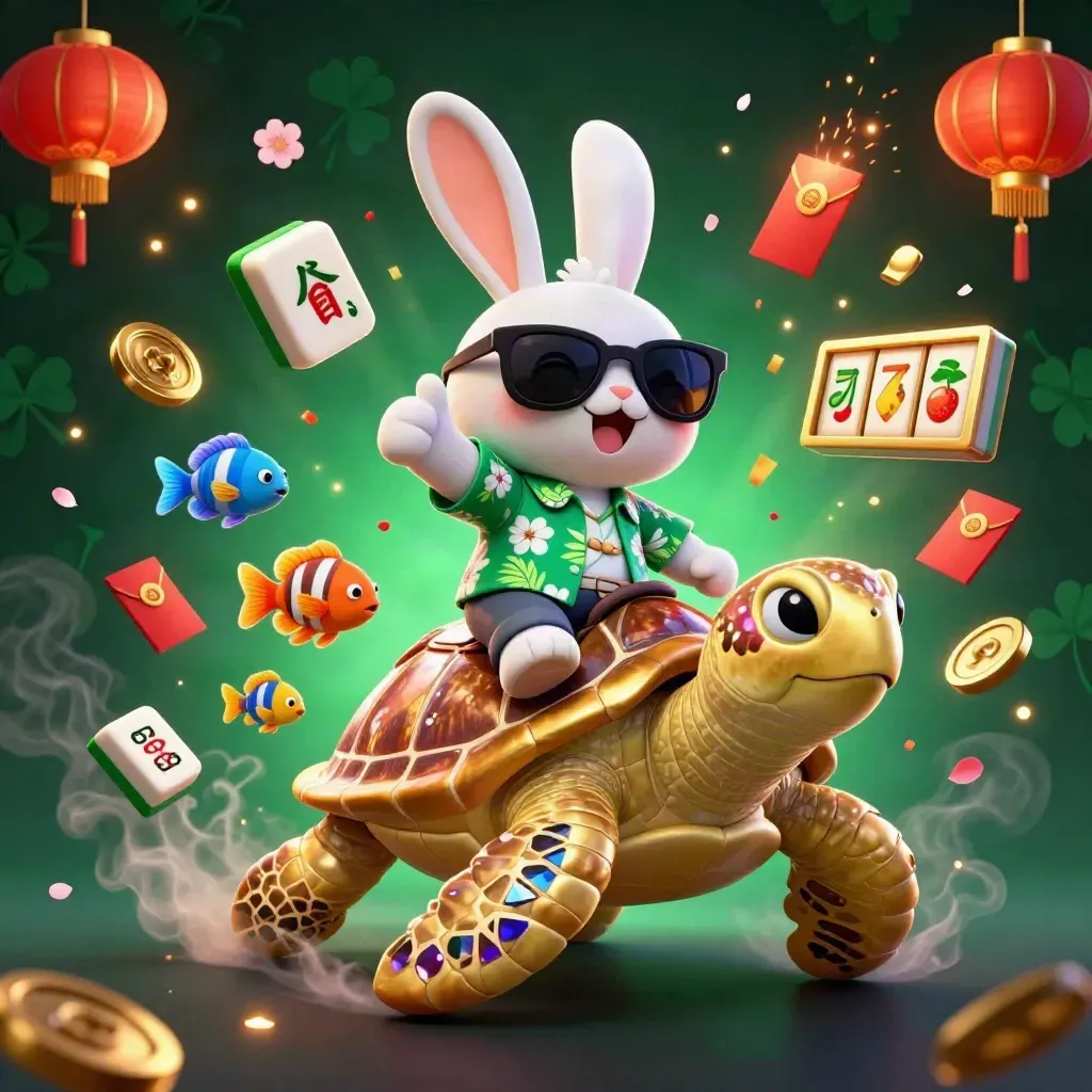Cartoon rabbit rides a golden turtle amid casino reels, lanterns, coins, and glowing effects.