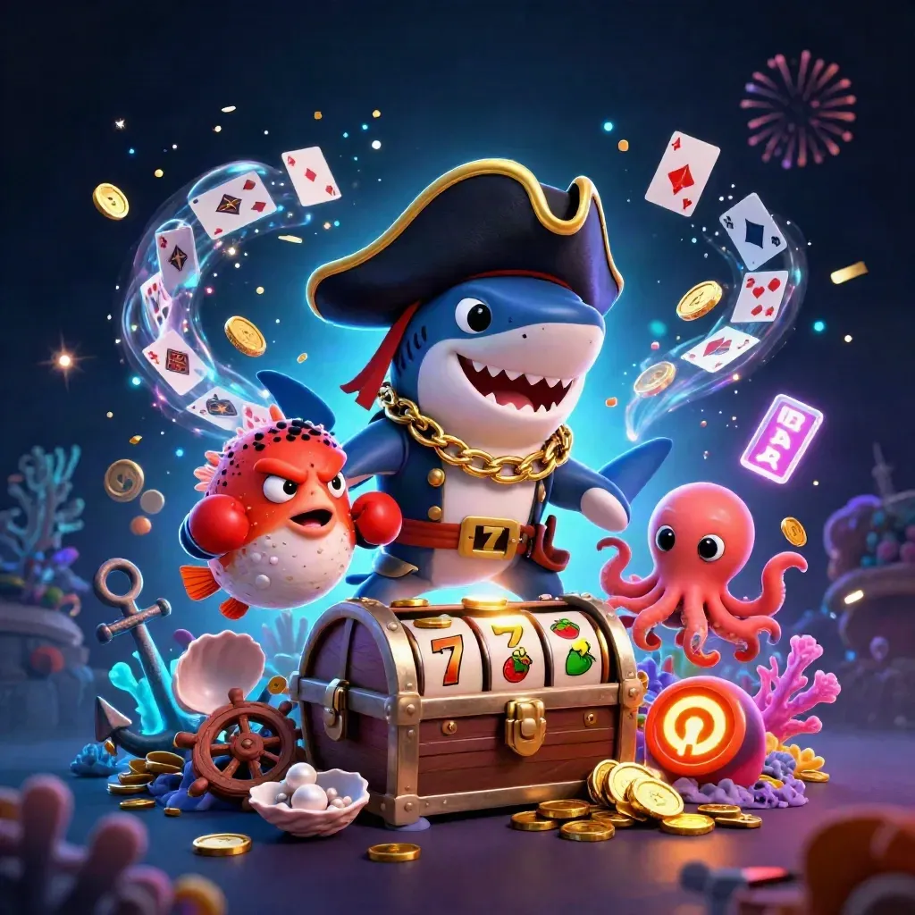 Pirate shark, boxing pufferfish, and coin-juggling octopus in a neon treasure cove