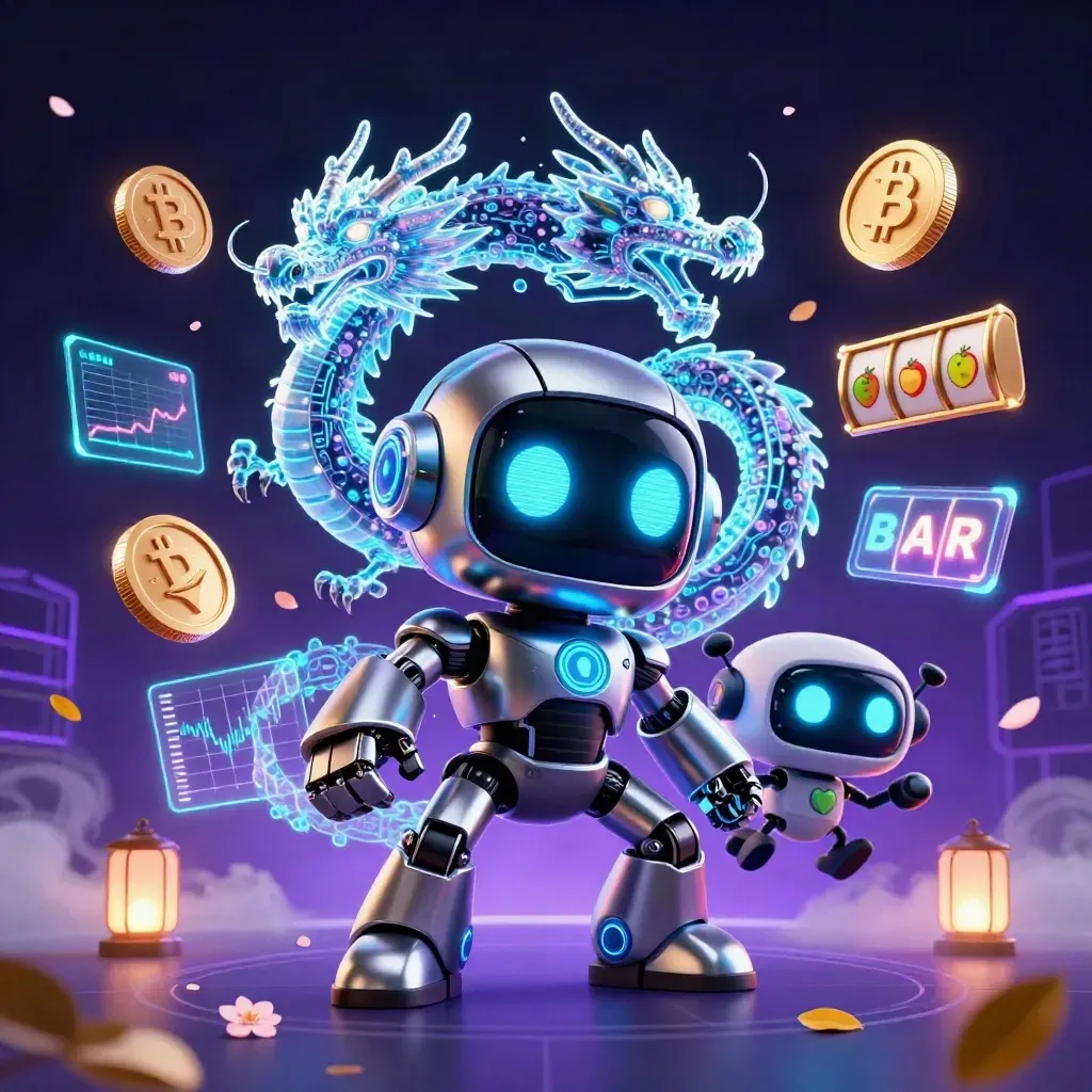 Cyberpunk robot, holographic dragon, and coin drone amid casino and blockchain effects.