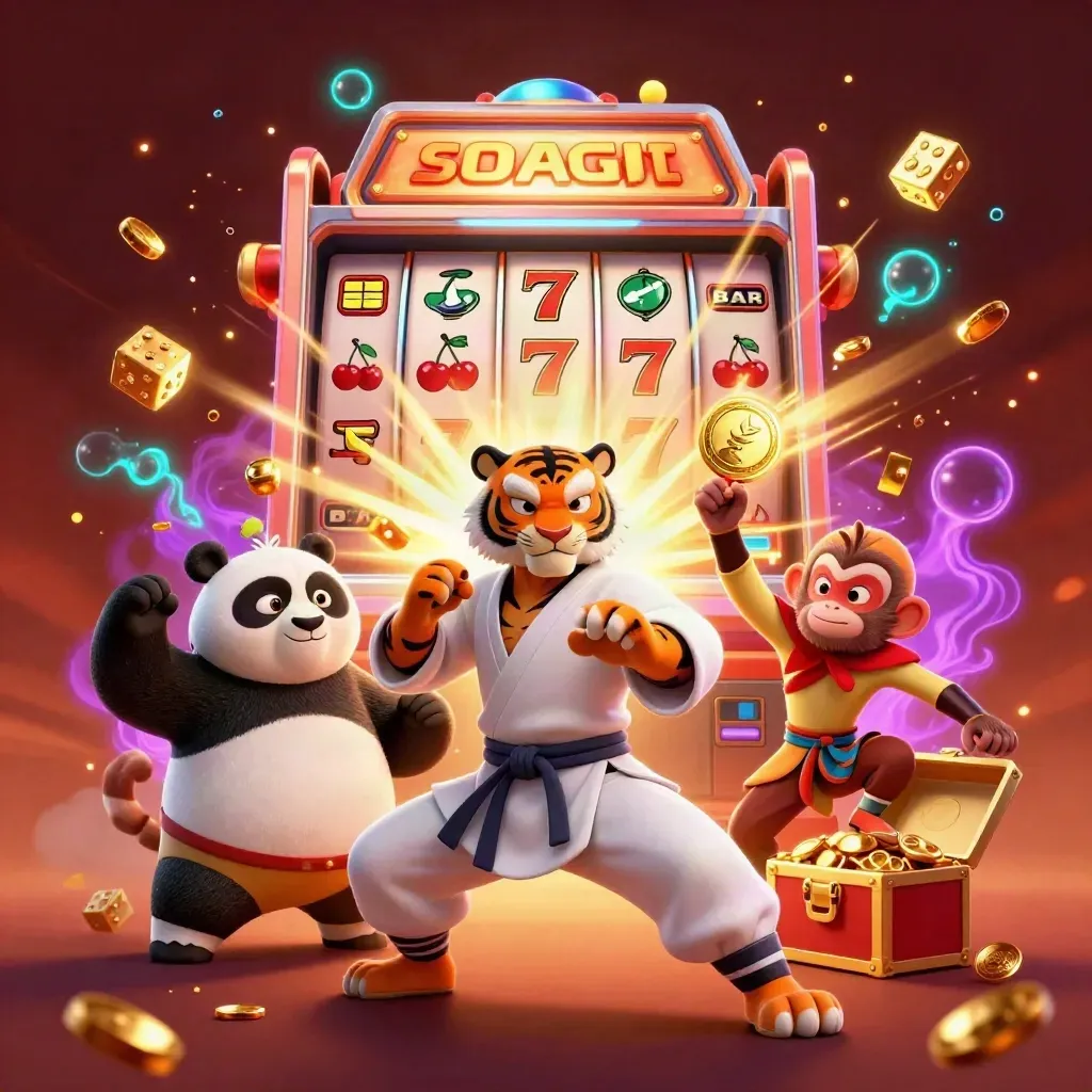 Kung-fu tiger, panda, and monkey amid slot reels, gold, cyan-violet glow, and ember sparks.