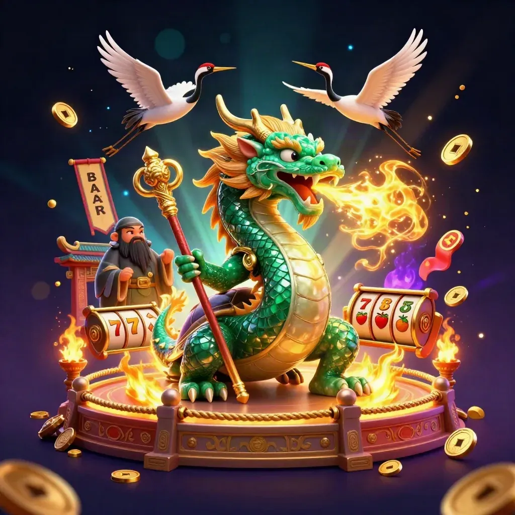 Emerald dragon, turtle sage, and cranes amid casino relics and golden fire