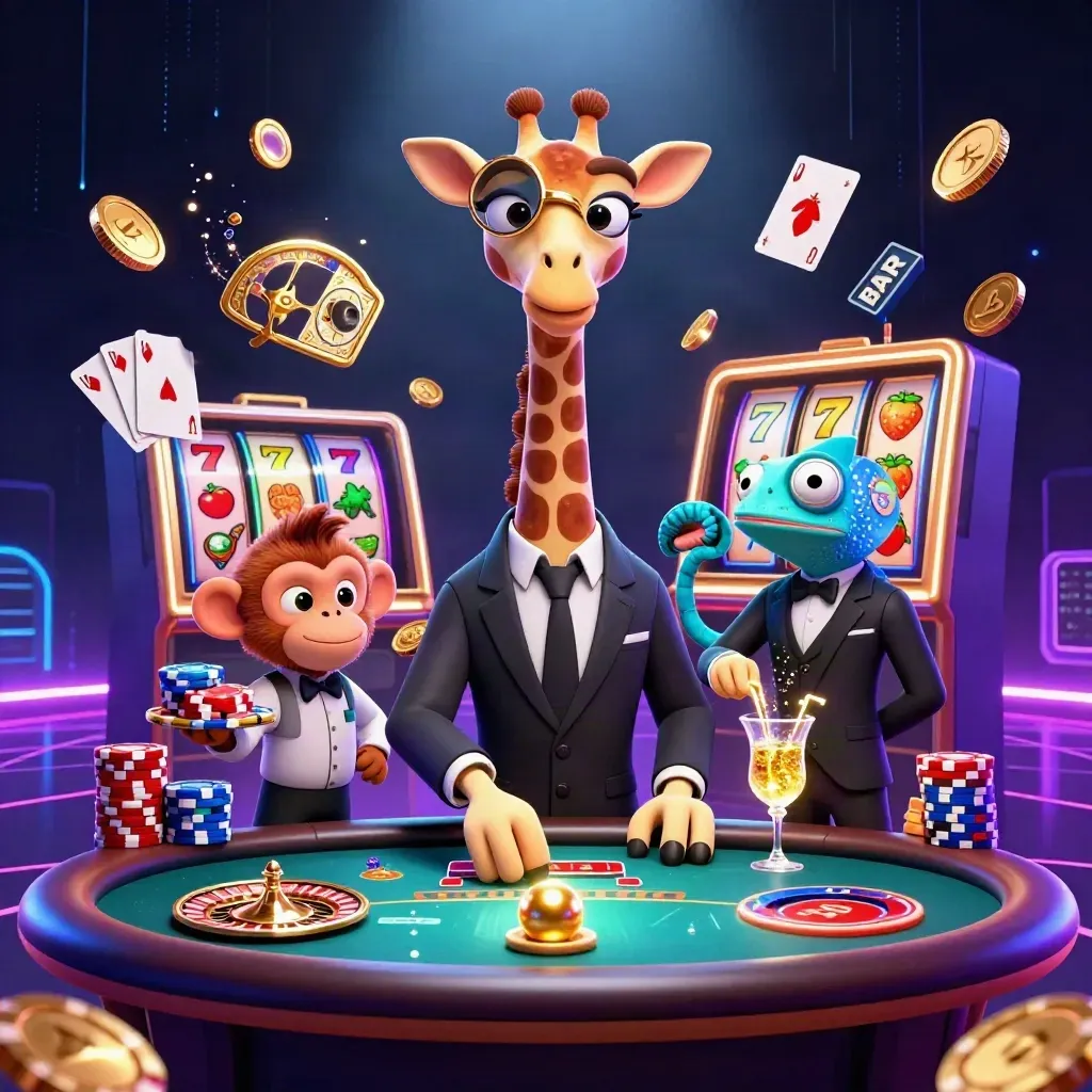 Giraffe, monkey, and chameleon at a neon casino table with chips, cards, coins, and reels