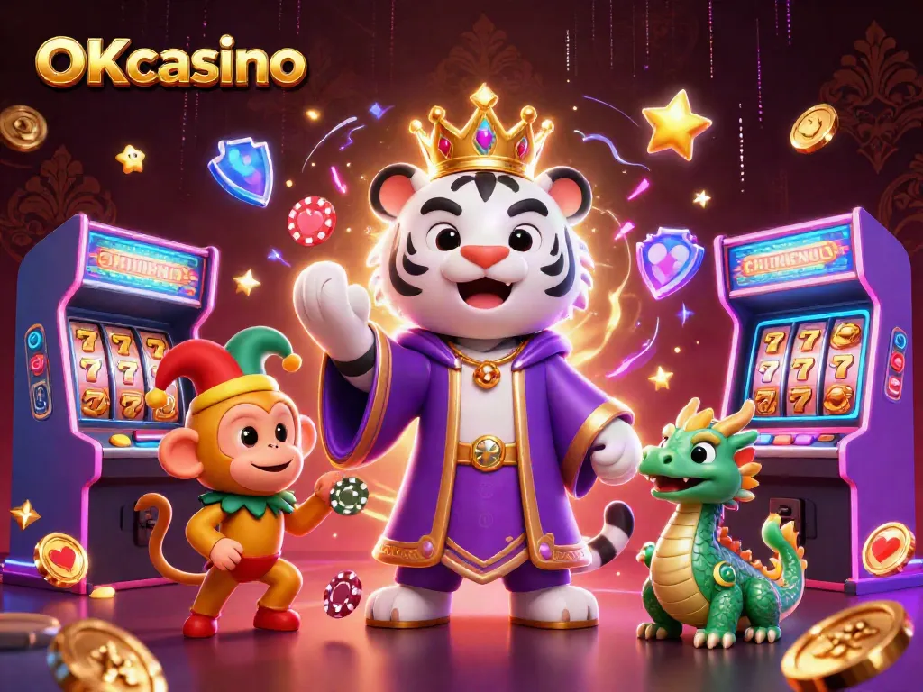 ภาพการ์ตูน 3D ของ OKcasino แสดงให้เห็นเสือขาวในชุดคลุมสีม่วงและมงกุฎทอง พร้อมลิงทองที่เล่นอยู่