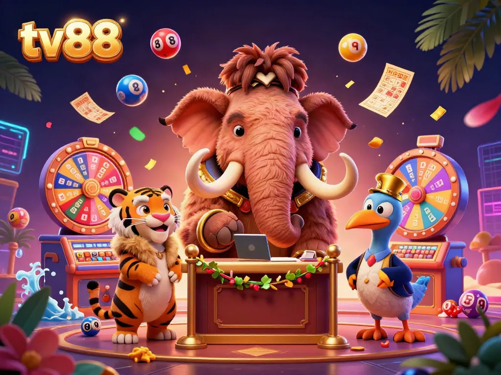 Check IDs at tv88, featuring a cartoon mammoth, saber-tooth tiger, and dodo bird in a vibrant casino setting.