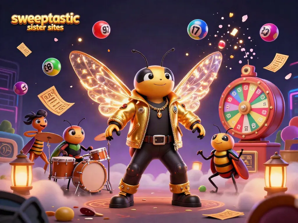 Sweeptastic sister sites showcase a vibrant casino musical scene with lottery elements, engaging characters, and dynamic prizes.
