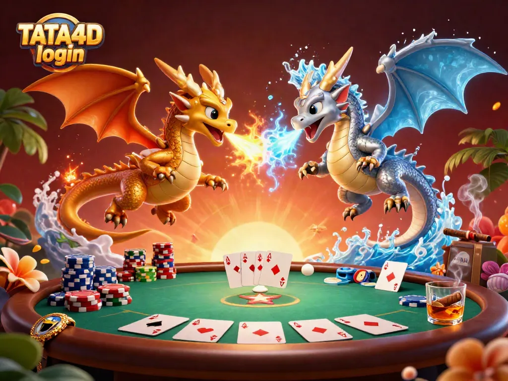 Experience the excitement of TATA4D login with a colorful, dynamic poker scene featuring dragons and game elements.