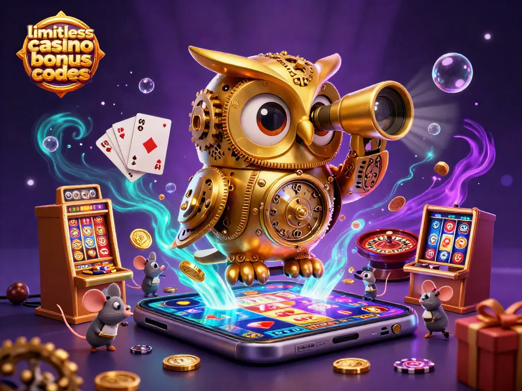 Engage with limitless casino bonus codes using 3D animated golden owl and casino-themed elements.