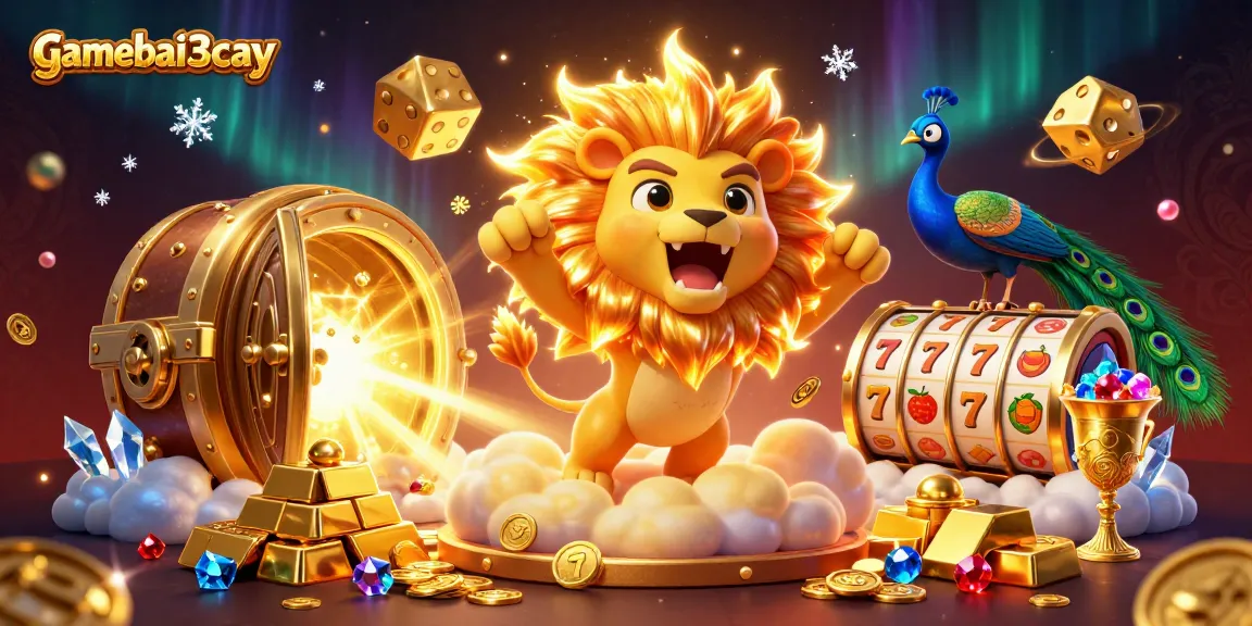 Engage with gamebai3cay's vibrant casino scene featuring a roaring sun lion and dazzling golden treasures.