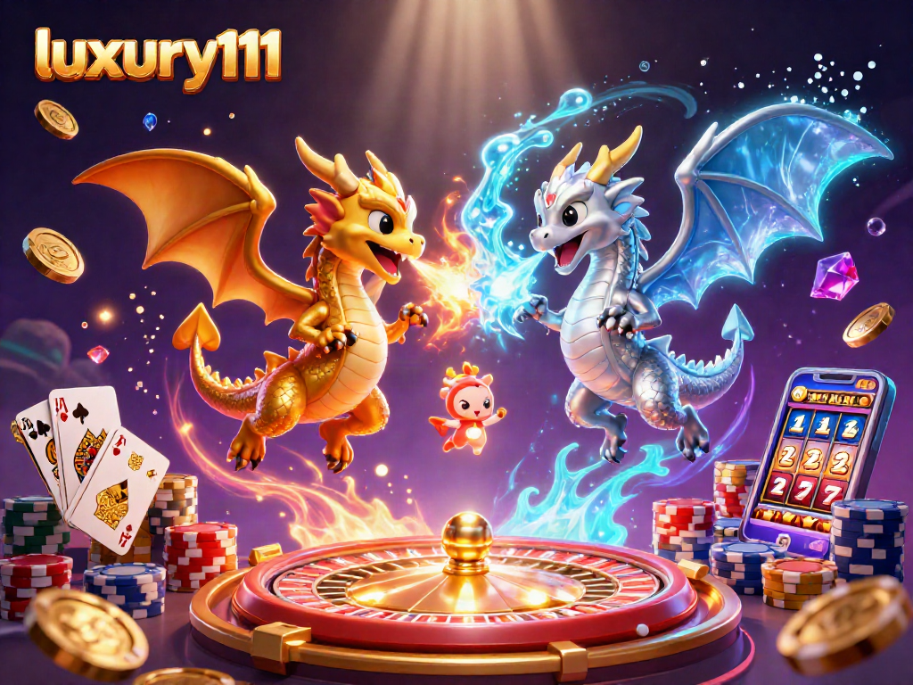 Experience the thrill of luxury111 with golden coins and dragons in an animated casino scene.