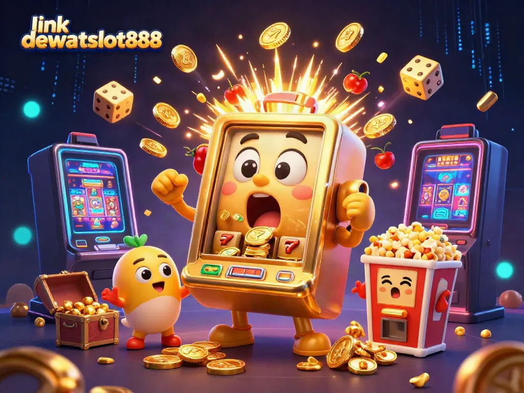Mesin slot emas kartun dengan wajah terkejut berhasil mendapatkan jackpot di link dewataslot888 saat koin berhamburan