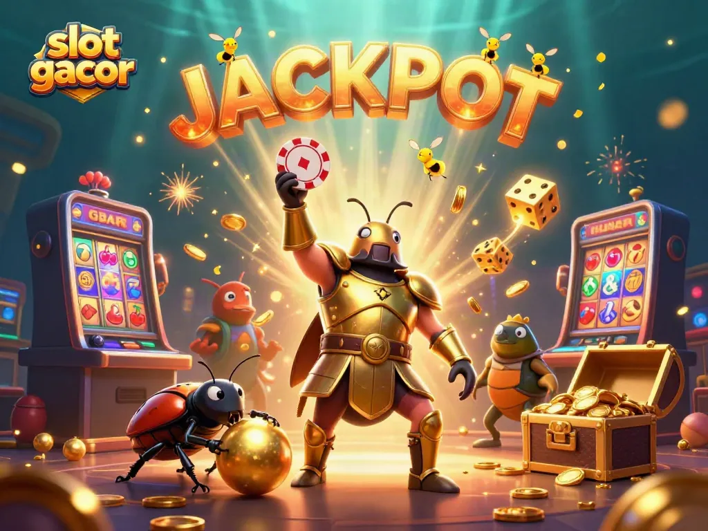 Witness the thrilling 'slot gacor' action with a triumphant hercules beetle in a vibrant casino scene.