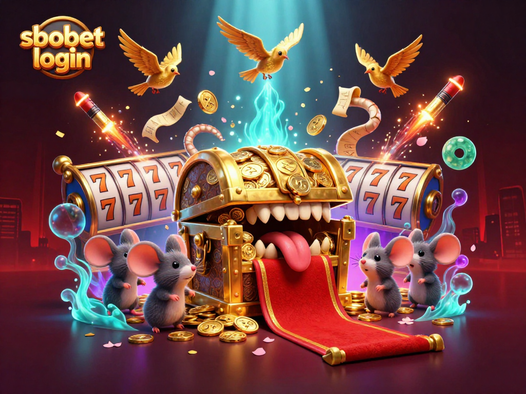 Experience sbobet login with vibrant casino themes, featuring treasure chests and dynamic game elements.