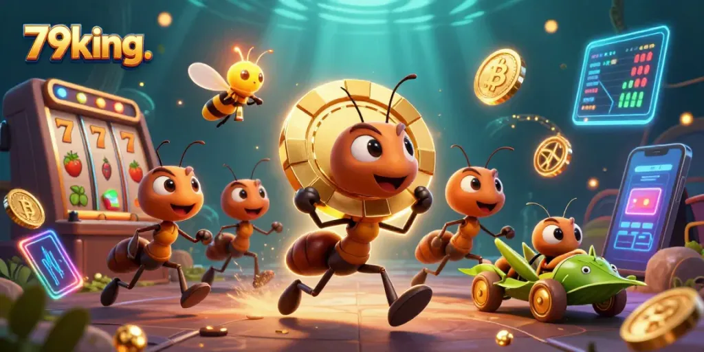 Join the 79king. heist with ants, golden poker chip, and radiant crypto elements in this vibrant casino scene.