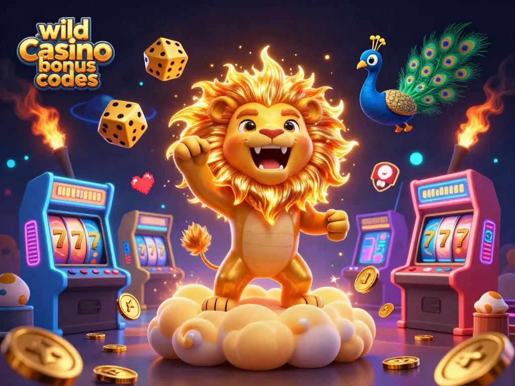 Engage with wild casino bonus codes as the sun lion roars atop golden clouds and gaming elements surround.