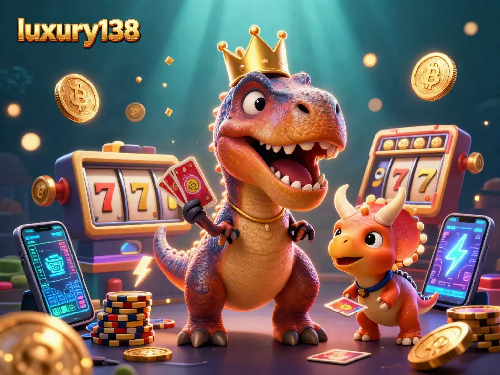 Menghasilkan kemenangan di luxury138 dengan gambar kartun dinosaurus bermain slot, menumpuk chip emas, dan cryptocurrency.