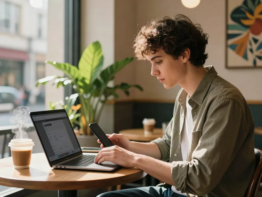 Youthful entrepreneur interacting with peh888 platform in a trendy café.