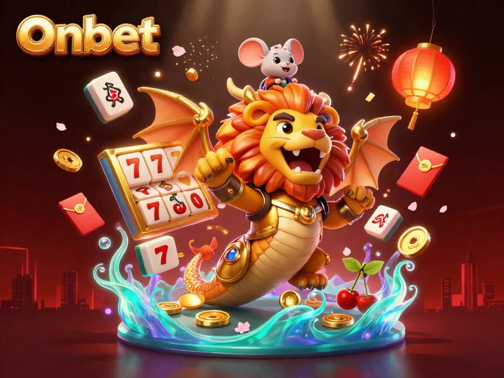 Engage in thrilling gaming with Onbet, showcasing a vibrant casino scene of a chimera and mouse emphasizing joyful wins.