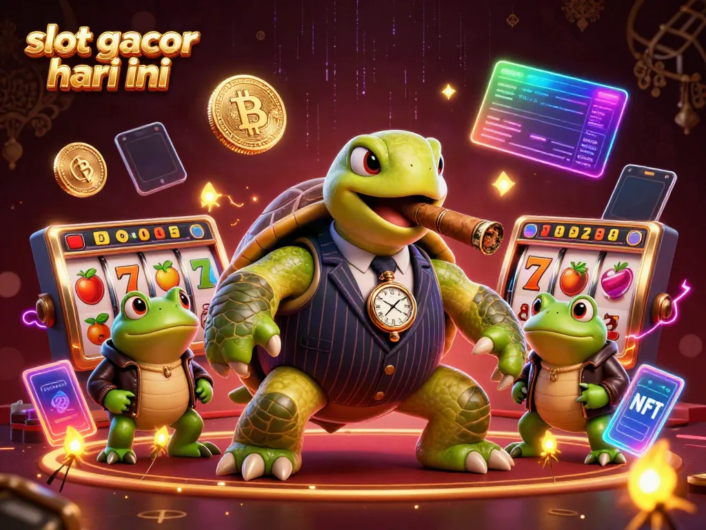 Melihat slot gacor hari ini, karakter unik dengan simbol jackpot dan koin kripto bersinar.