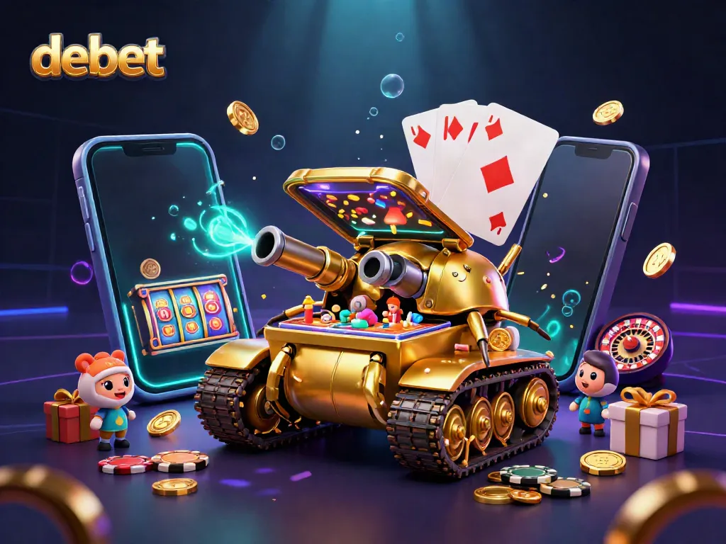 Experience winning at Debet's vibrant 3D casino scene with a golden beetle tank and engaging gaming elements.