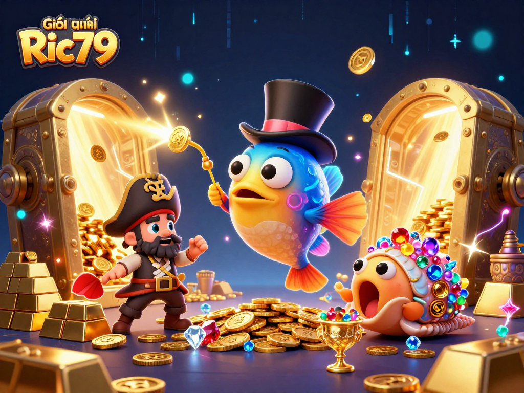 Giới thiệu Ric79 showcases a vibrant 3D casino scene with lucky symbols and treasure elements.
