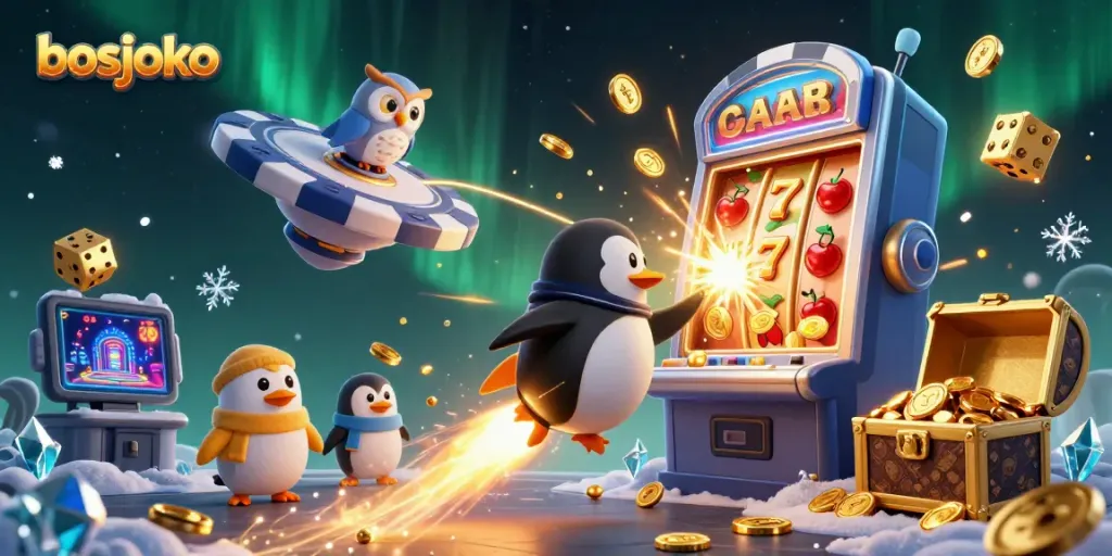 Experience the thrill of bosjoko with a golden penguin racing towards a jackpot explosion in space.