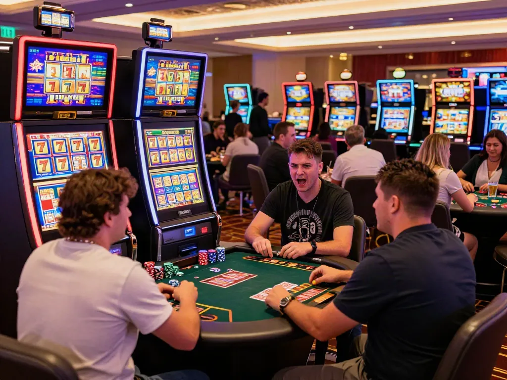 Lucky777 lively casino scene with players at slot machines enjoying the gaming experience.