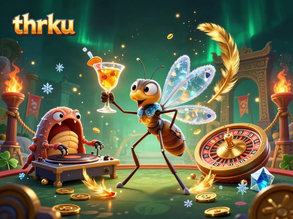 Join the action with a thrilling thrku casino mascot in an energetic scene filled with vibrant elements and golden riches.