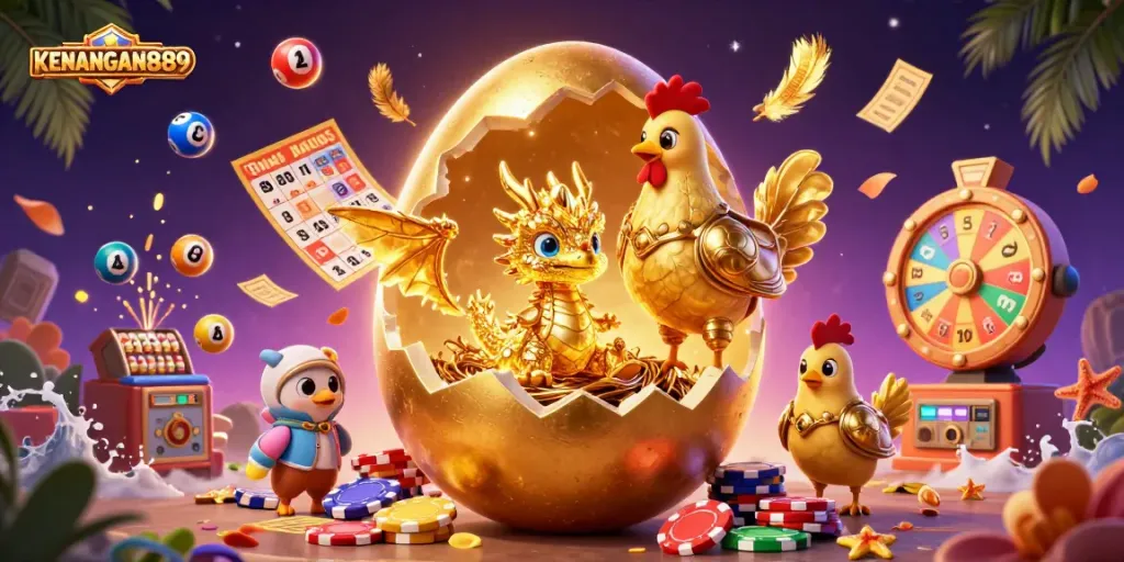 KENANGAN889 showcases a vibrant golden dragon amidst dynamic lottery action, emphasizing casino excitement.