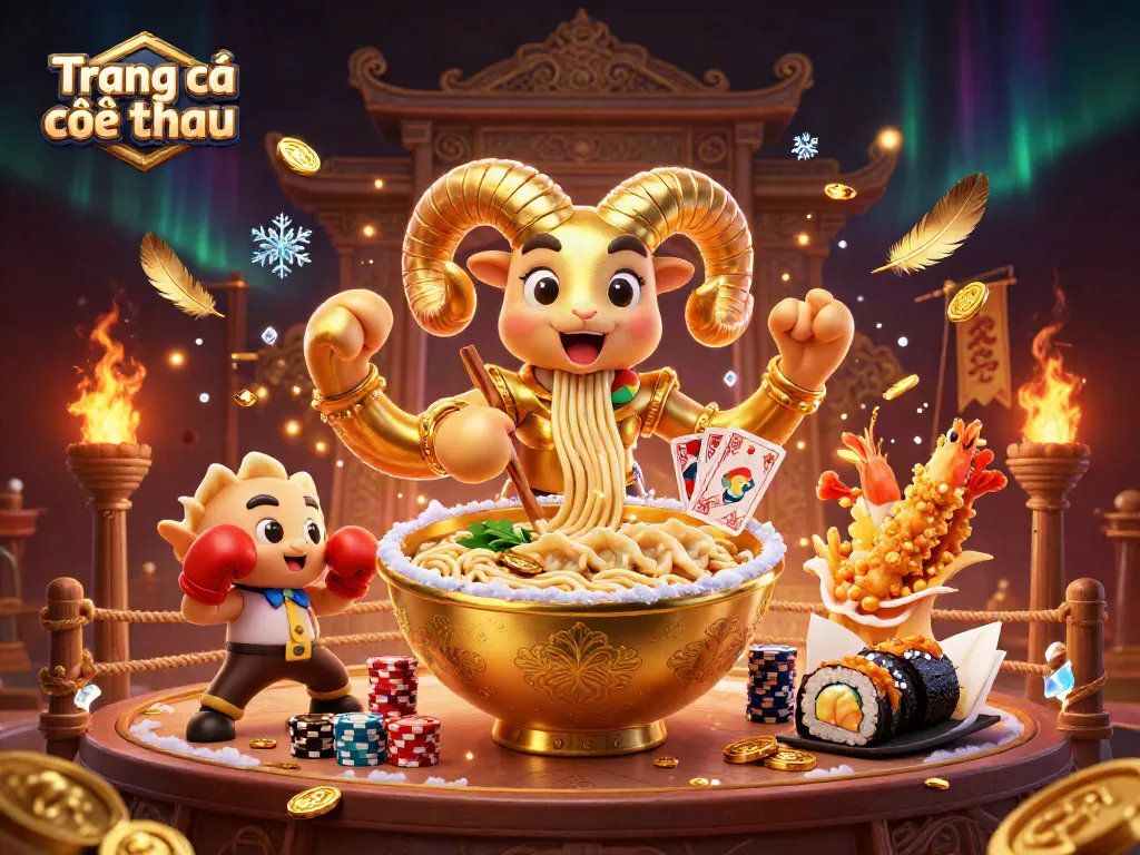 Engage in Trang cá cược thể thao with a dynamic scene featuring a giant ramen bowl, gaming elements, and vibrant atmosphere.