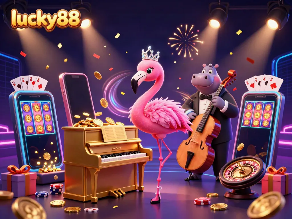 Engage with lucky88's exciting casino atmosphere featuring a flamingo singer and hippo bassist surrounded by vibrant gaming elements.