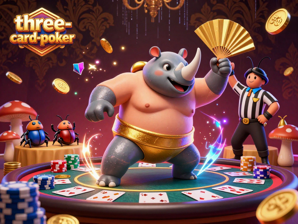 Experience thrilling three-card-poker action with vibrant characters and dynamic casino elements.